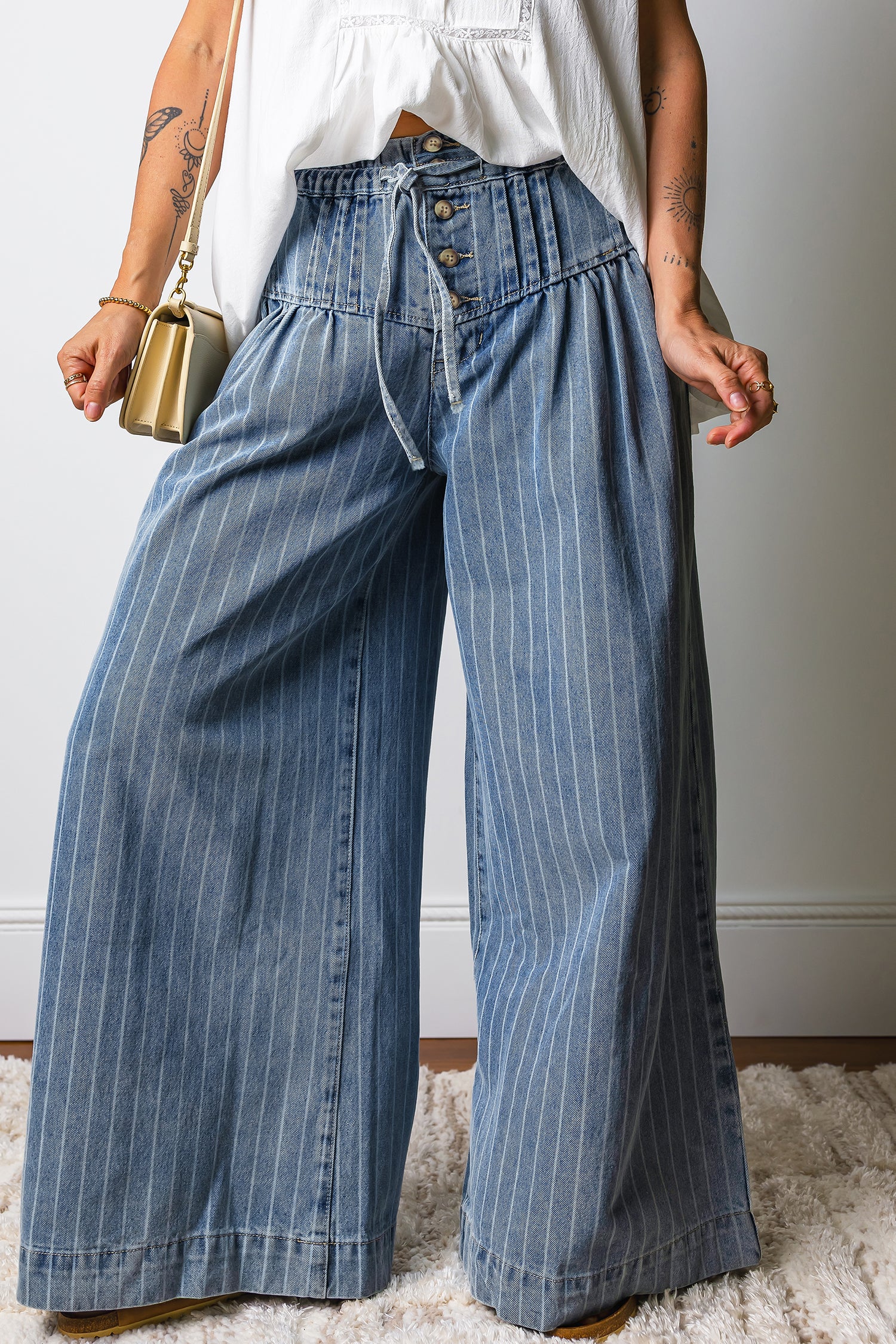 Sky Blue Stripe Pleated Casual Wide Leg Jeans