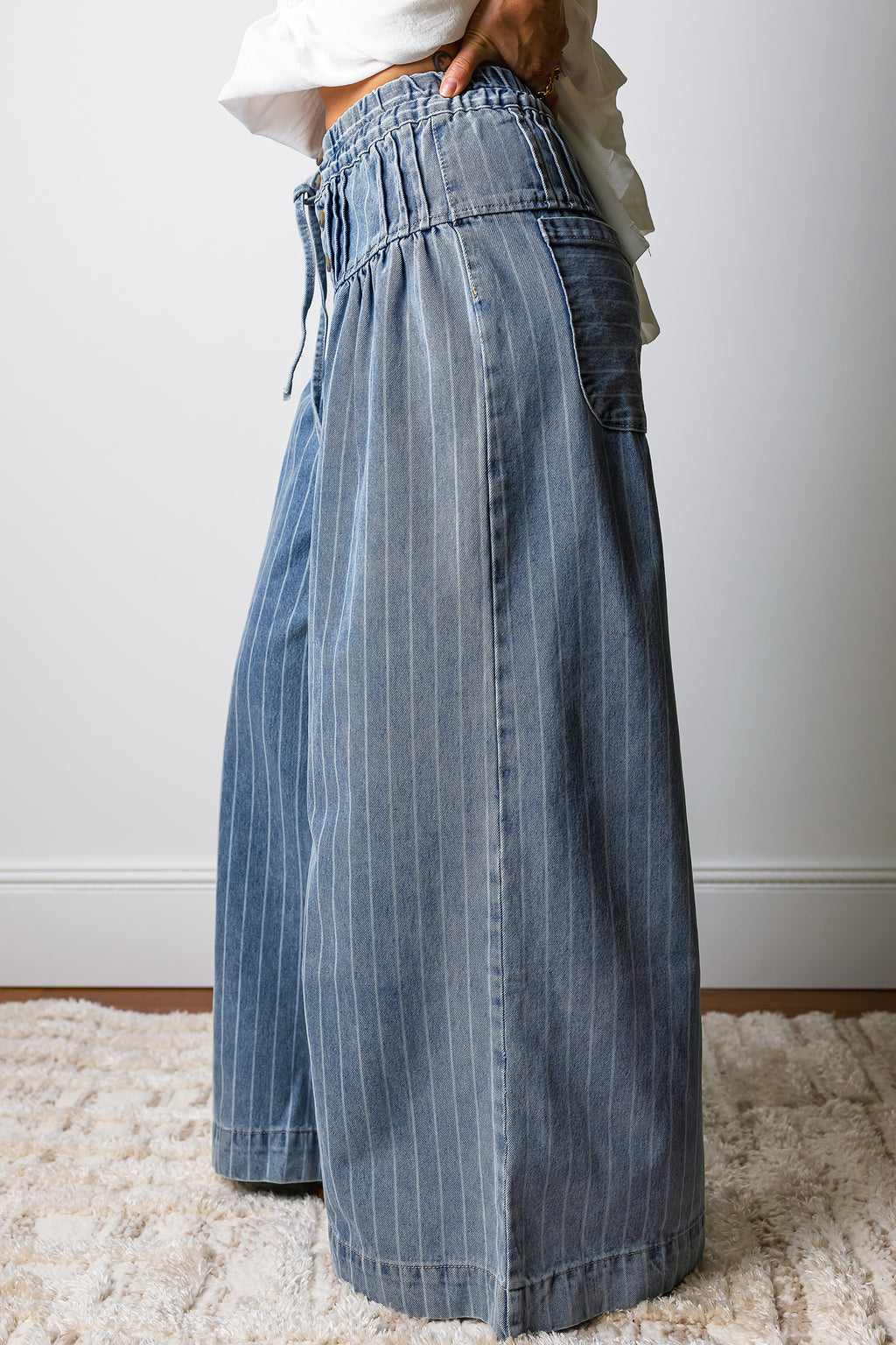 Sky Blue Stripe Pleated Casual Wide Leg Jeans