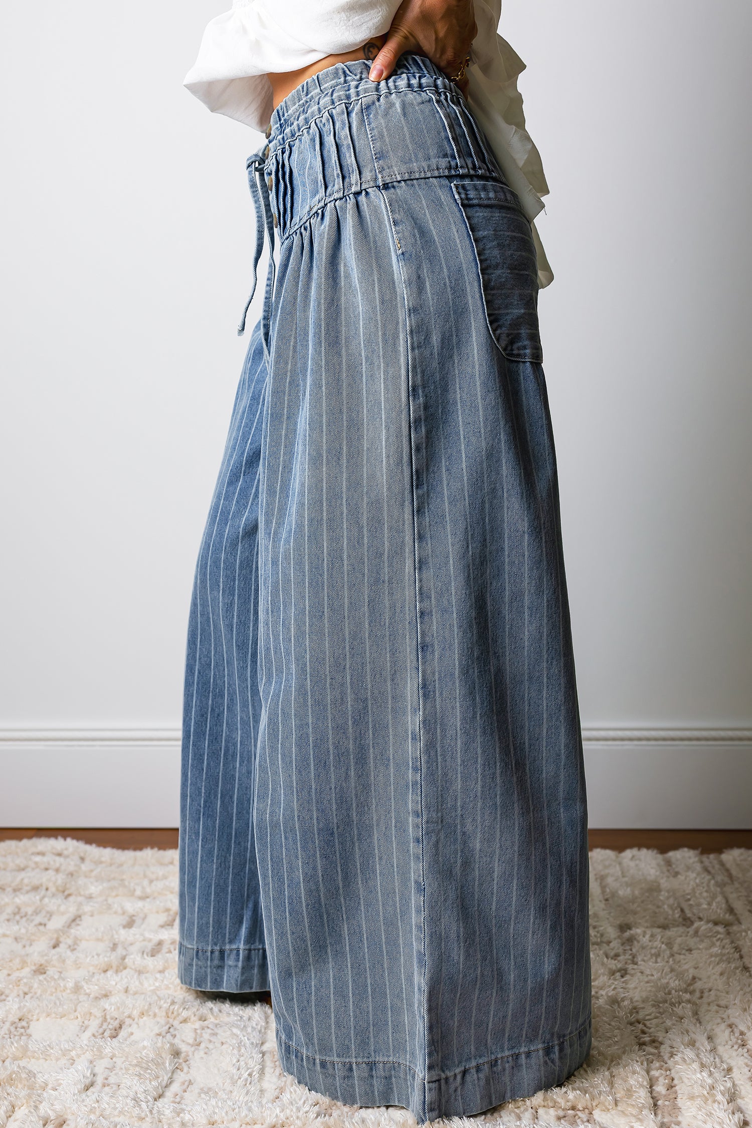 Sky Blue Stripe Pleated Casual Wide Leg Jeans