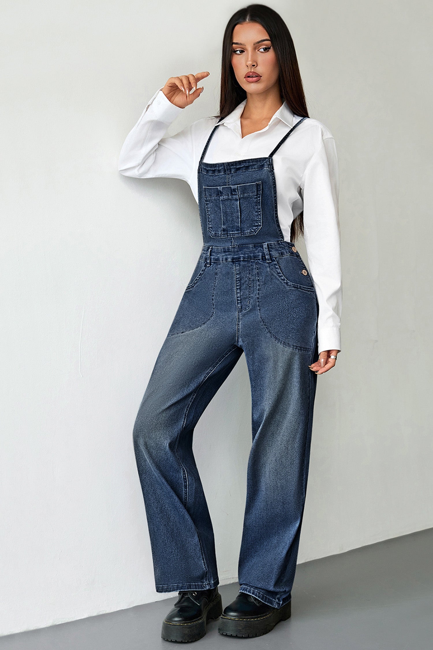 Dark Blue Loose Denim Overalls Crossed Tie Straps Bib Pocket