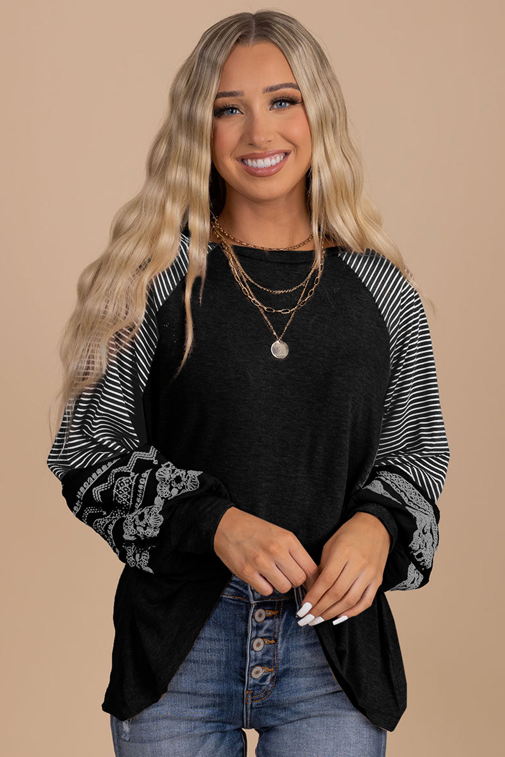 Black Striped Raglan Long Sleeve Top
