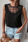 Black Guipure Lace Crochet Sleeveless Shirt