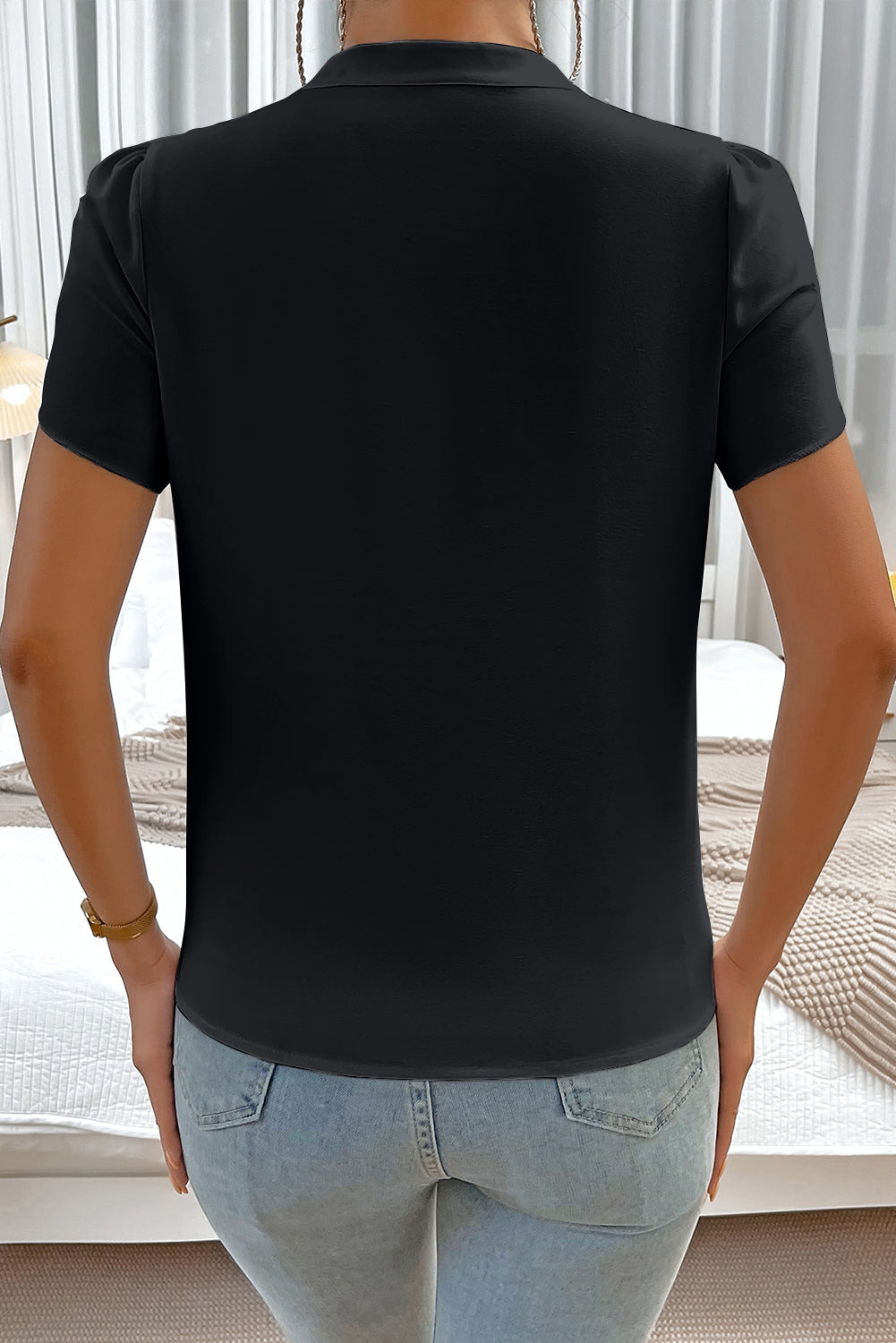 Black V Neck Petal Sleeve Blouse