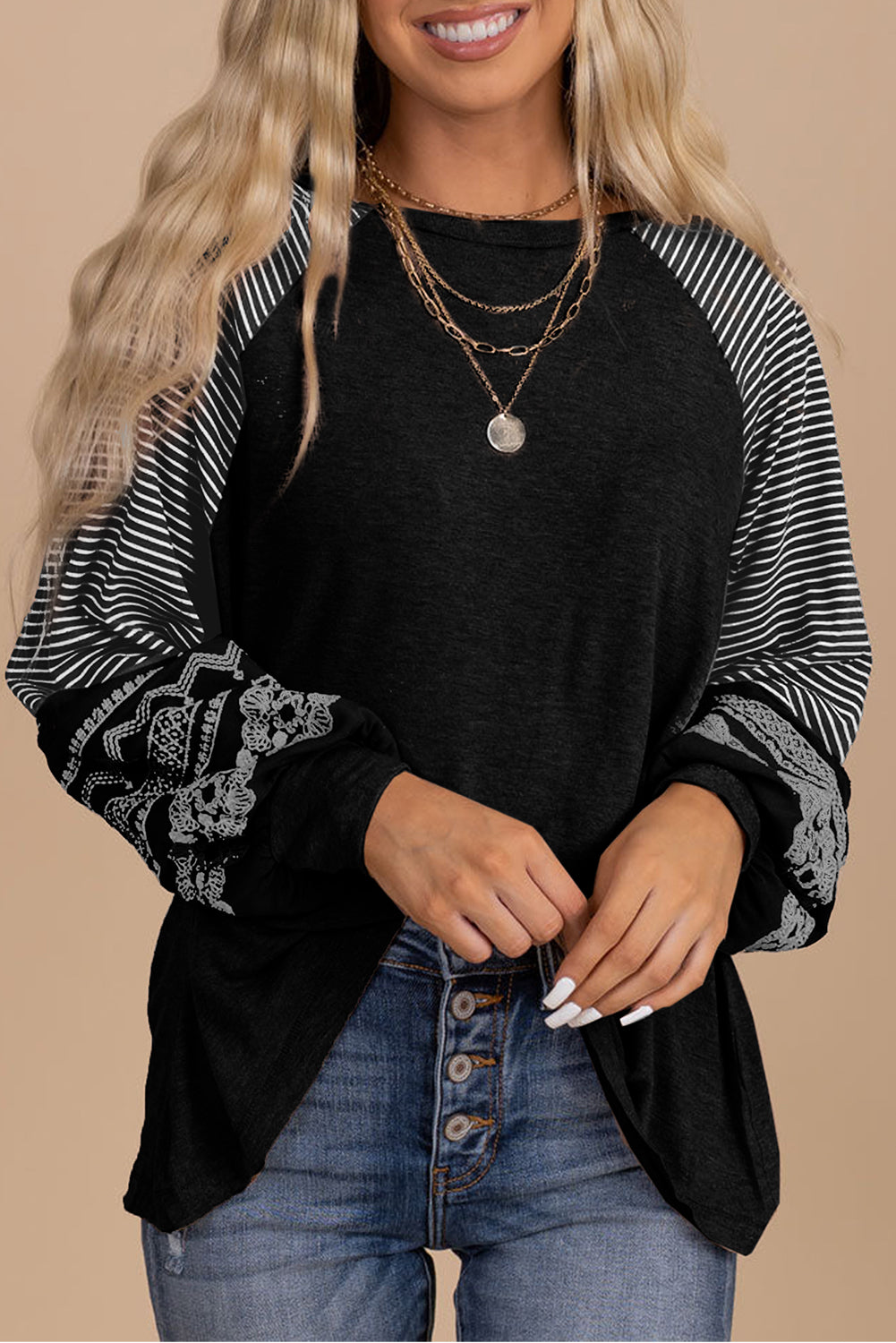 Black Striped Raglan Long Sleeve Top