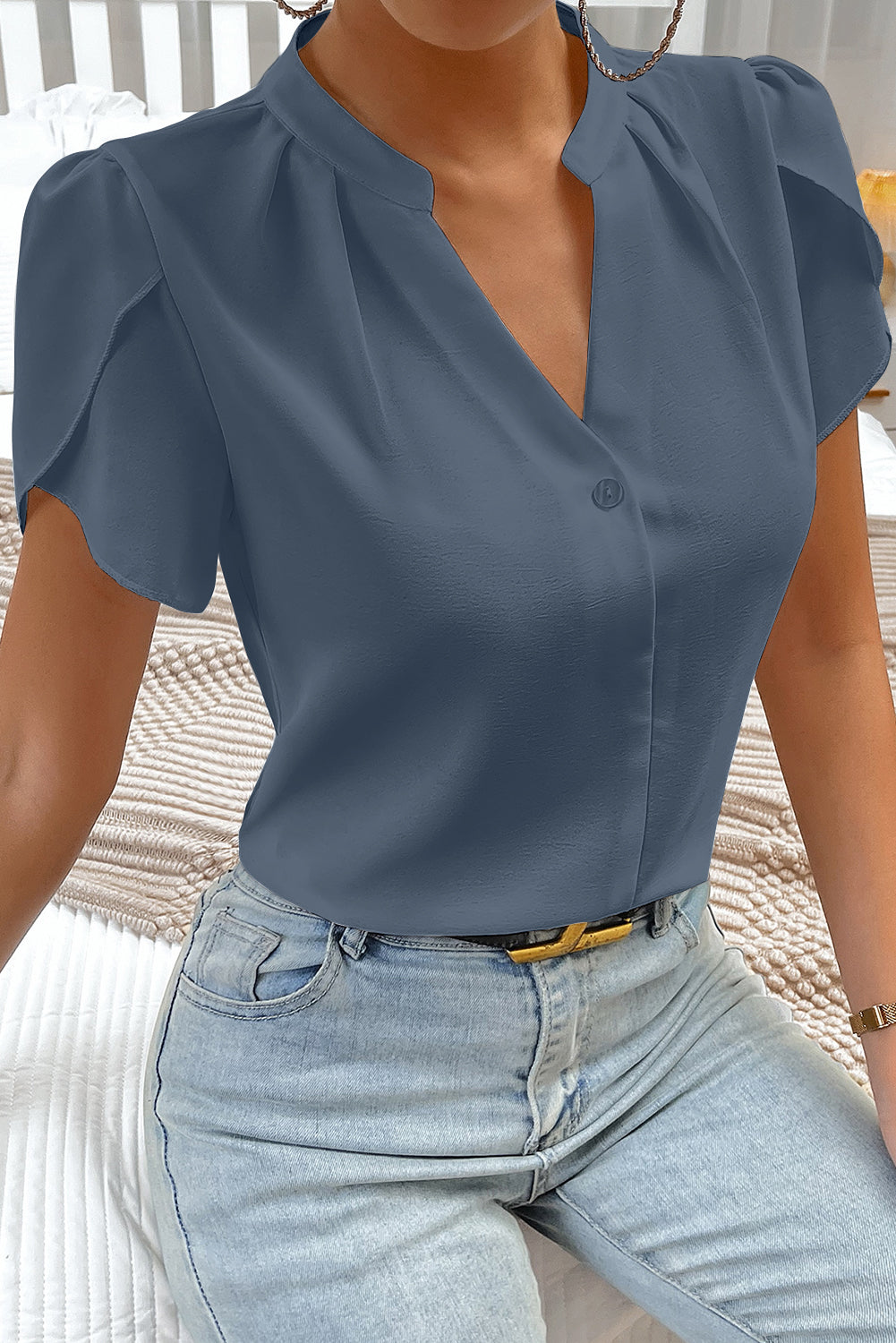 Sail Blue V Neck Petal Sleeve Blouse