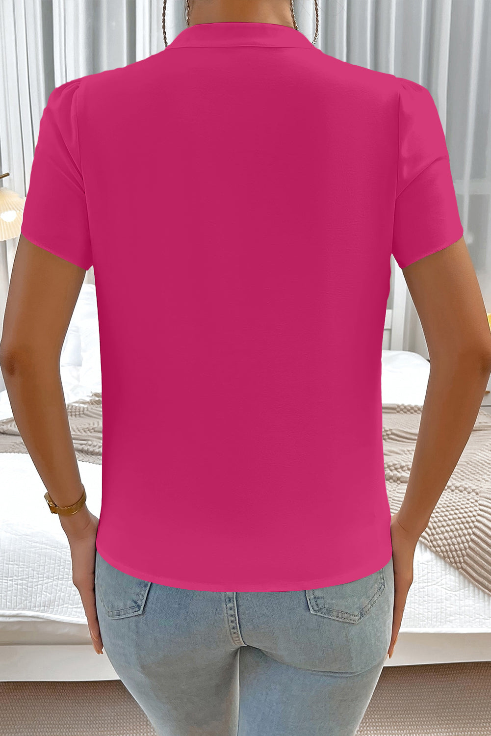 Rose Red V Neck Petal Sleeve Blouse