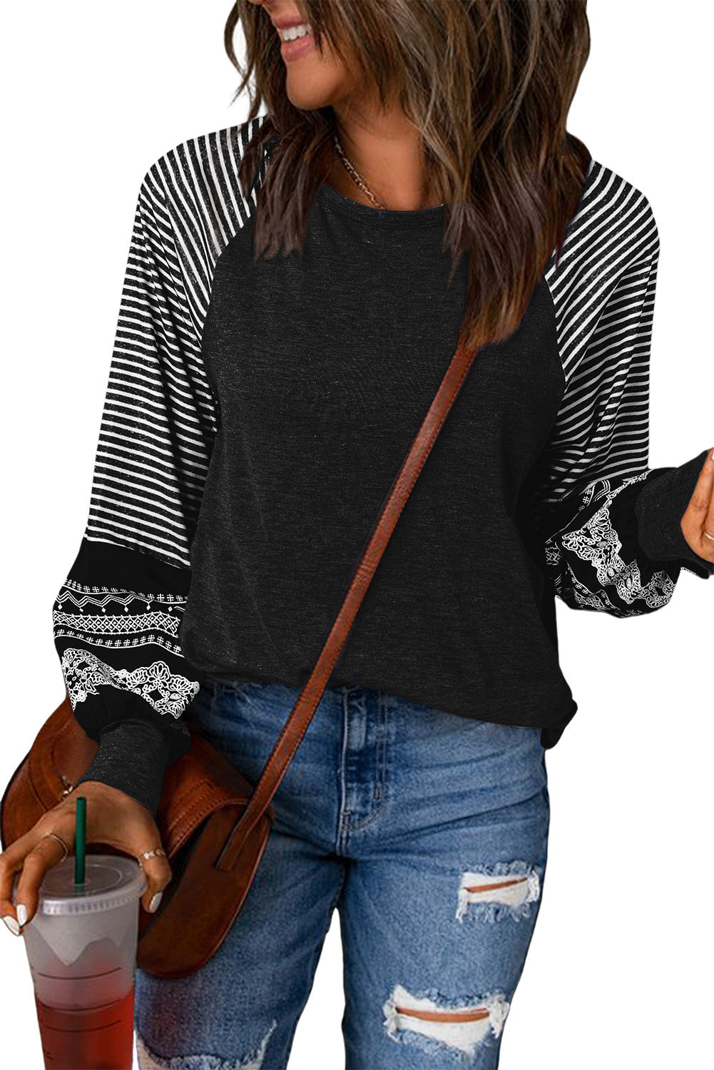Black Striped Raglan Long Sleeve Top