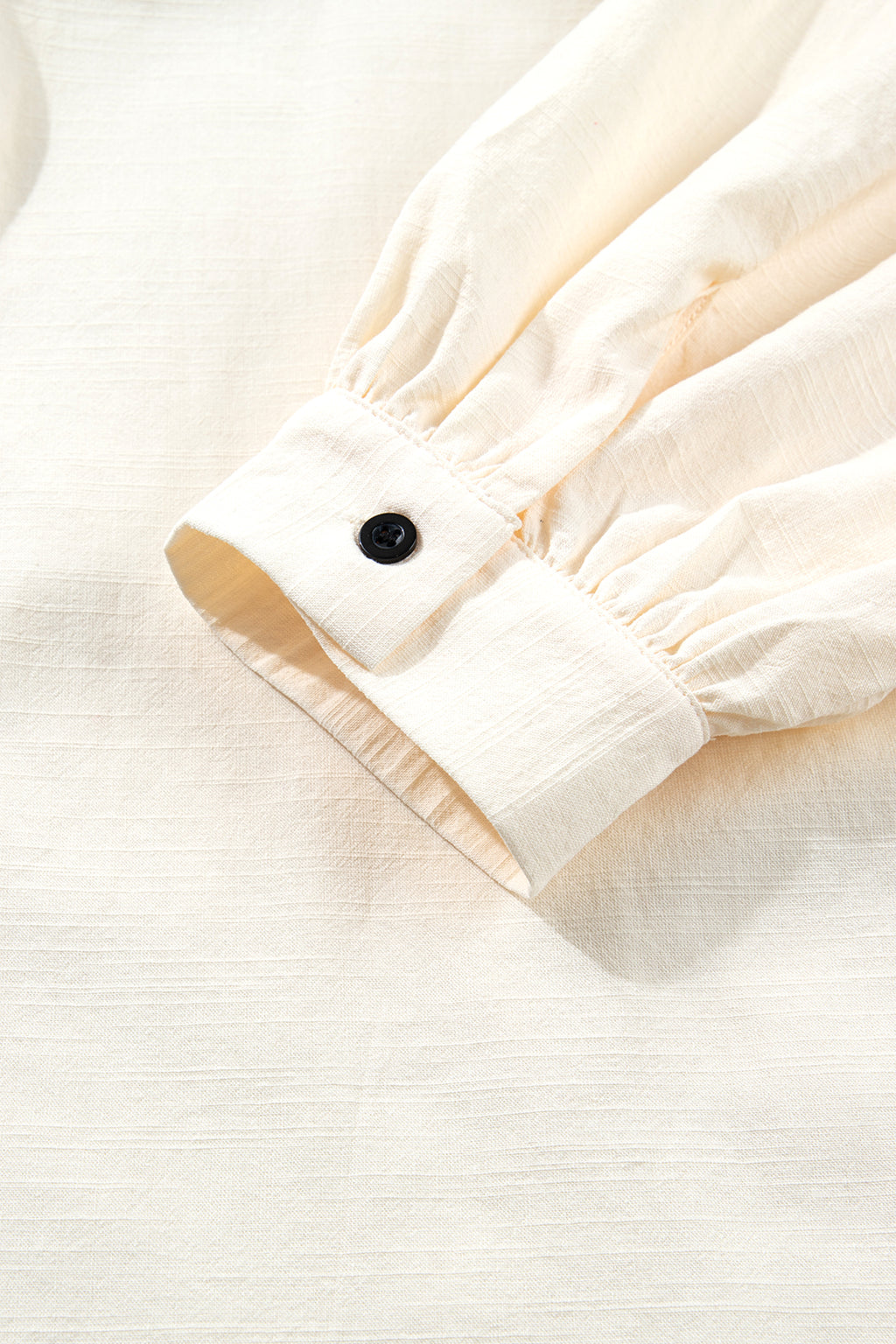 Beige Button Down Long Puff Sleeve Blouse Black Trim