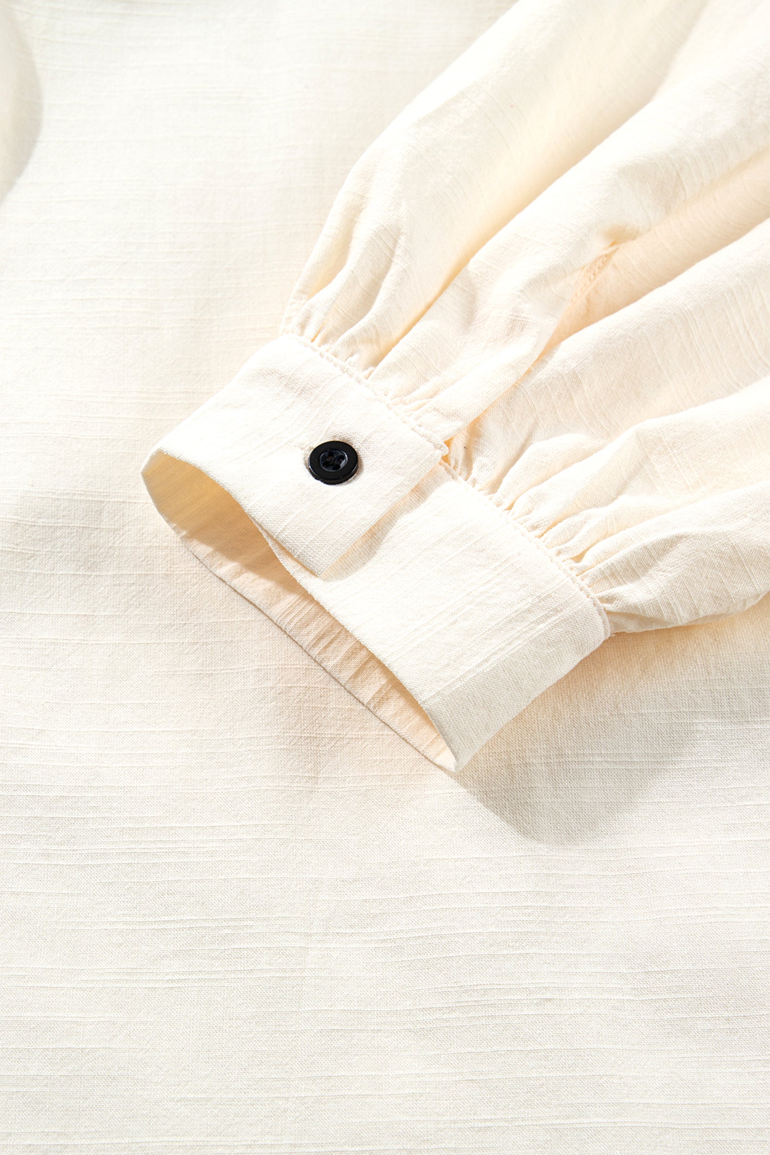 Beige Button Down Long Puff Sleeve Blouse Black Trim