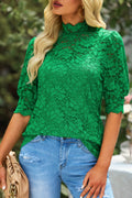 Lace Short Sleeve High Neck Green Blouse