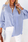 Blue Striped Shirred Cuffs Shirt