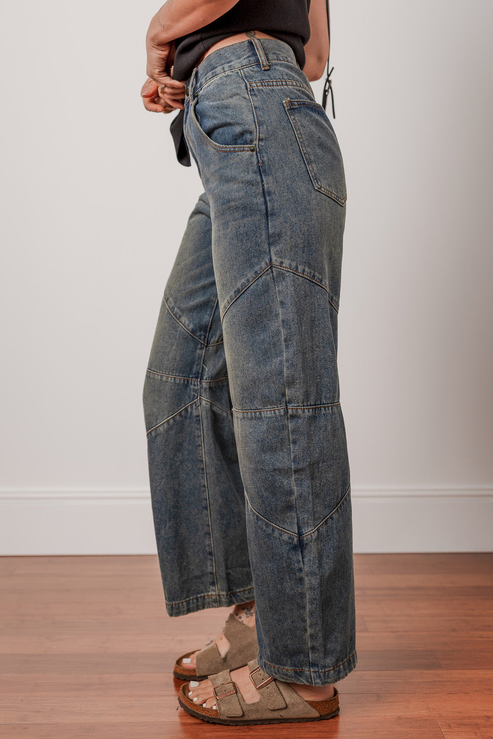 High Waist Barrel Jeans Sail Blue Exposed Stitching Loose Straight