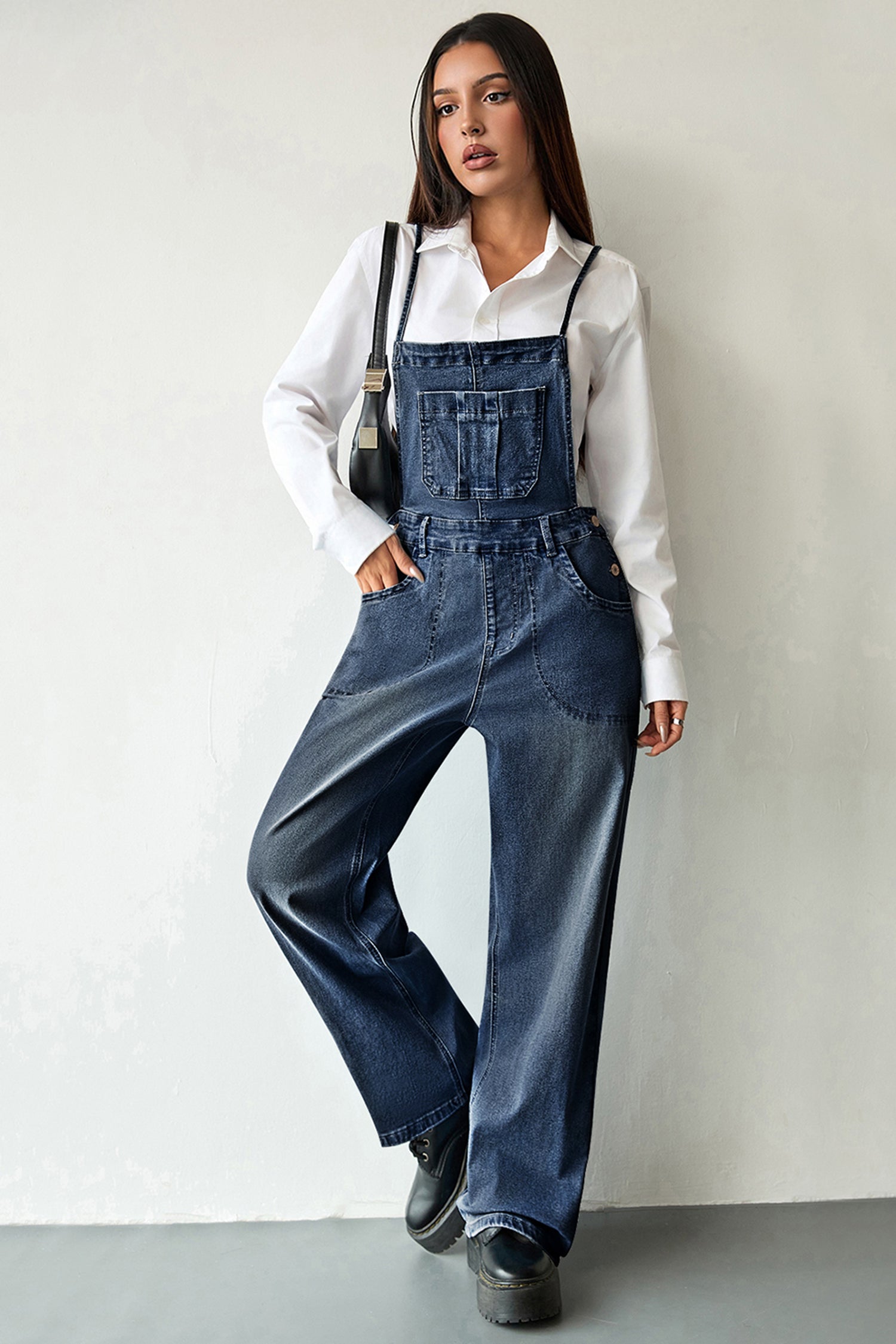 Dark Blue Loose Denim Overalls Crossed Tie Straps Bib Pocket