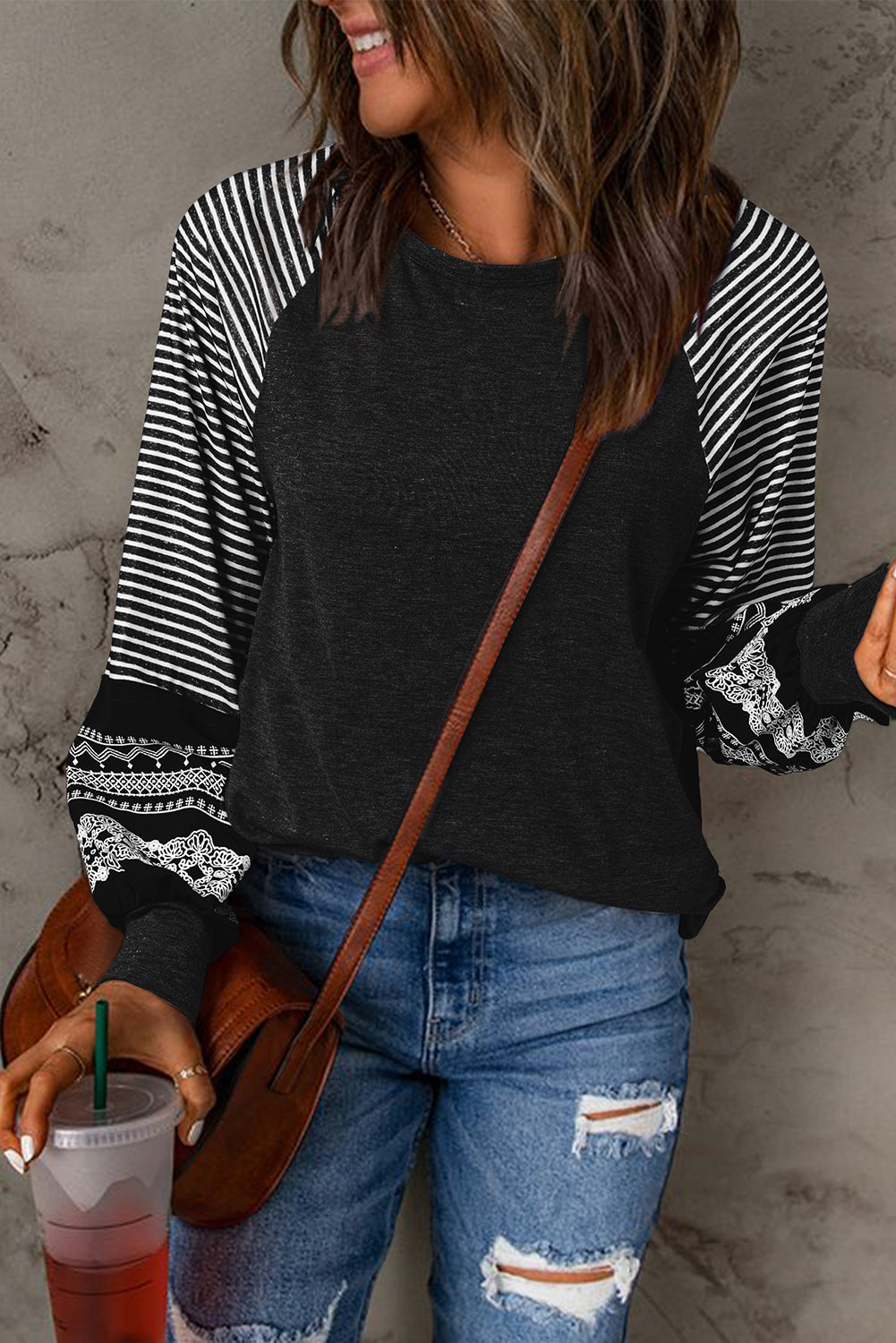 Black Striped Raglan Long Sleeve Top