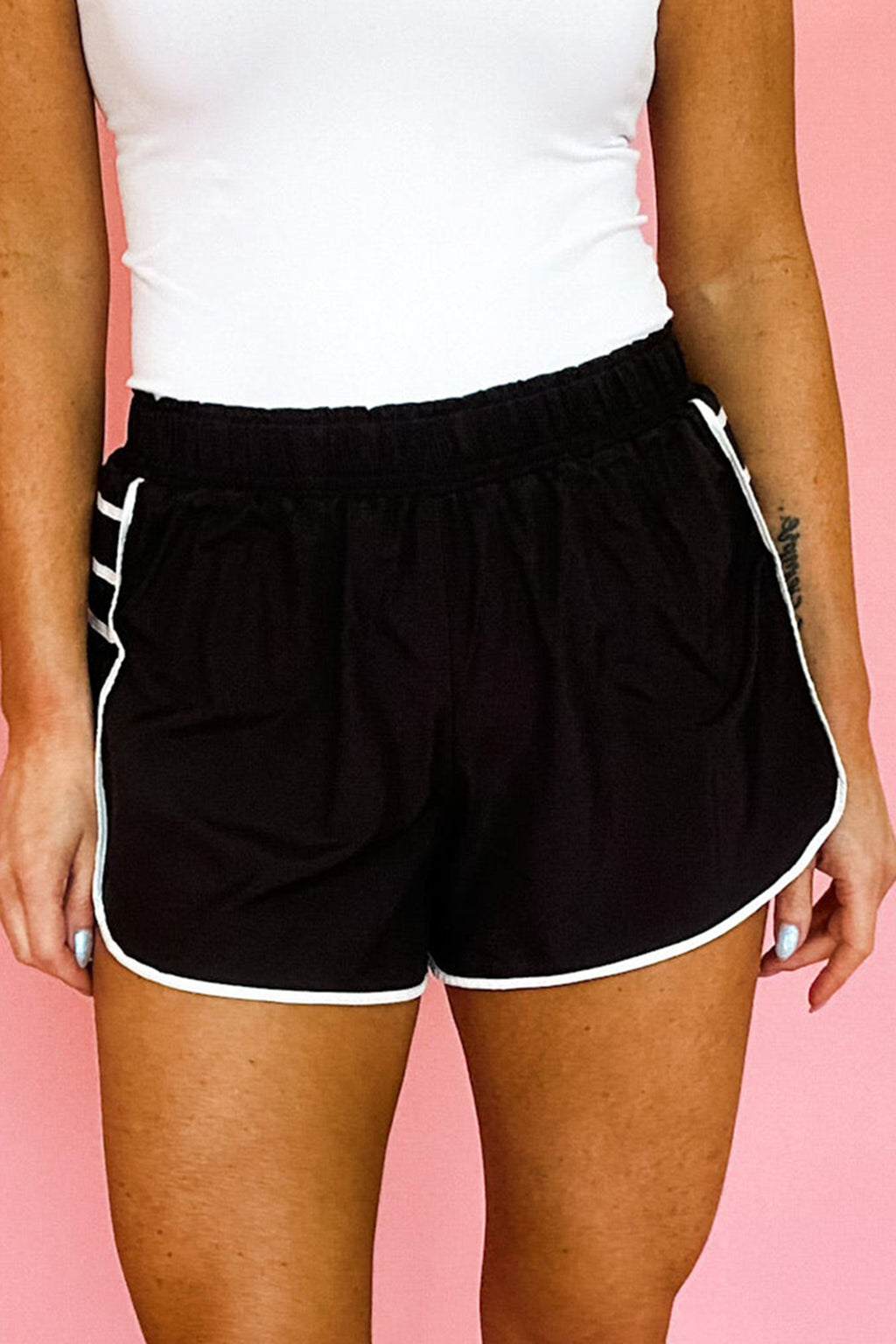 Black Pleated White Trim Active Shorts
