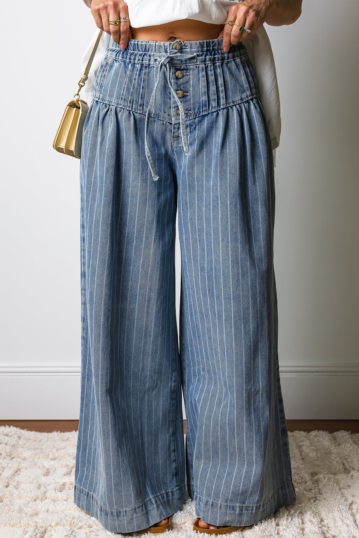 Sky Blue Stripe Pleated Casual Wide Leg Jeans