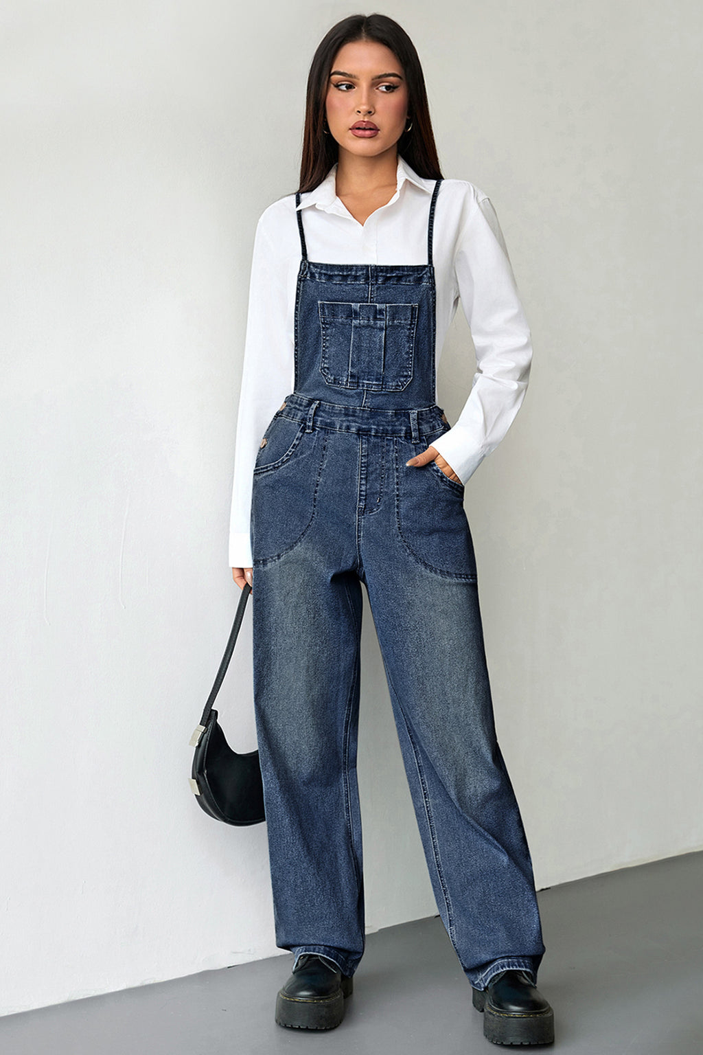 Dark Blue Loose Denim Overalls Crossed Tie Straps Bib Pocket