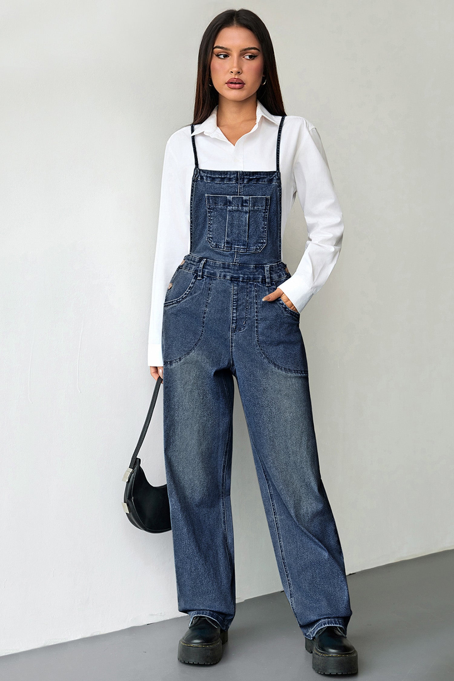 Dark Blue Loose Denim Overalls Crossed Tie Straps Bib Pocket