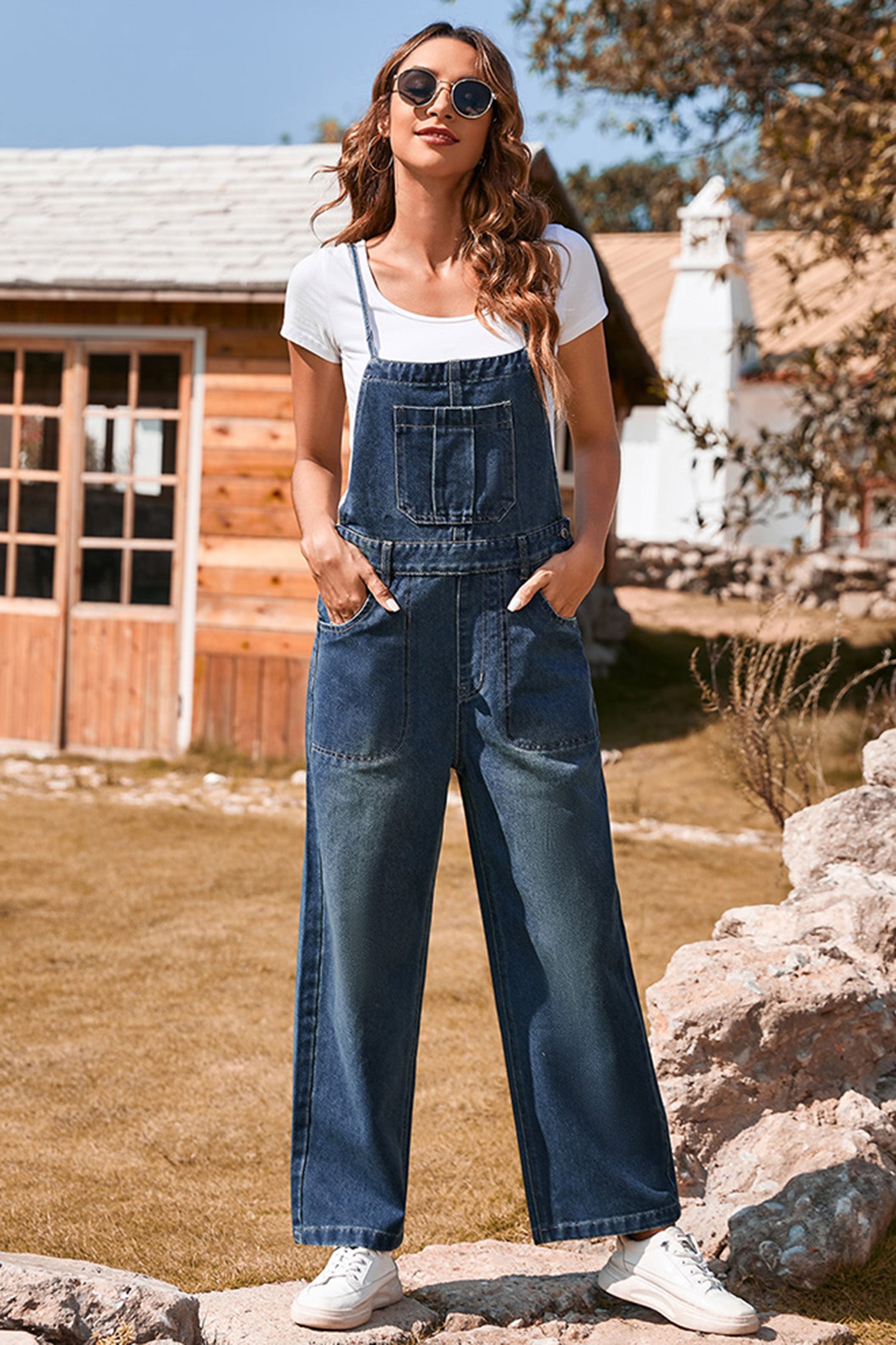 Dark Blue Loose Denim Overalls Crossed Tie Straps Bib Pocket
