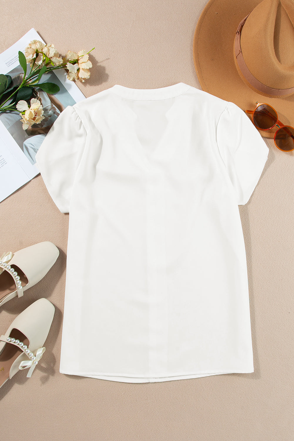 White V Neck Petal Sleeve Blouse