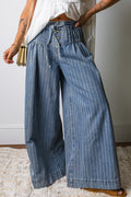 Sky Blue Stripe Pleated Casual Wide Leg Jeans