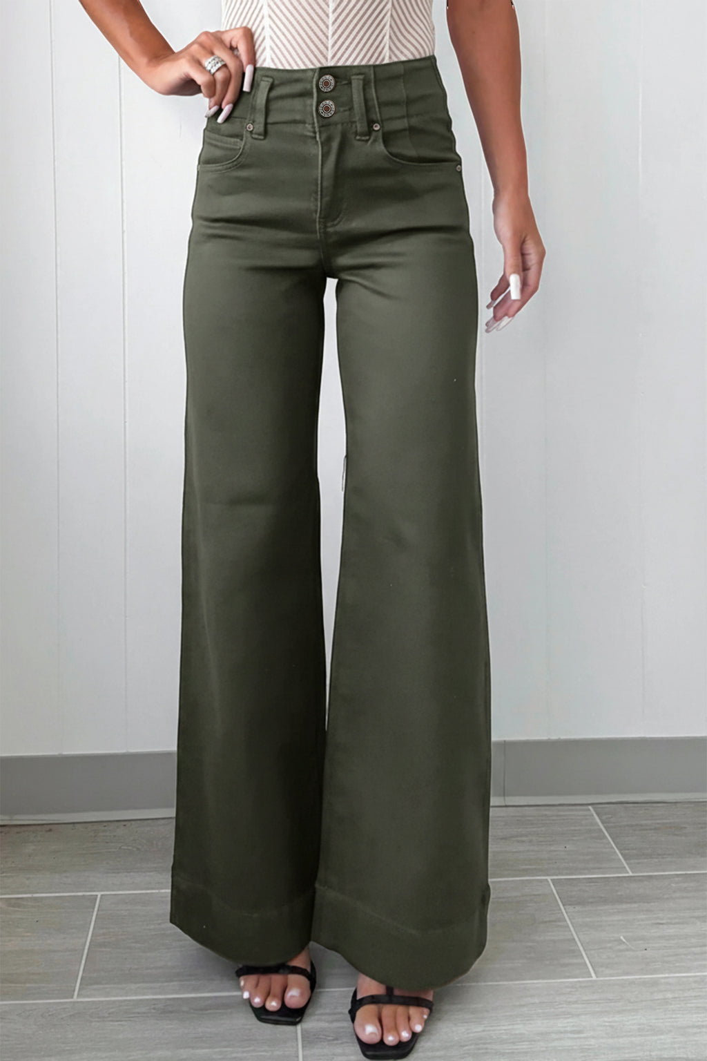 Mist Green 2-Button High Waist Wide Leg Jeans