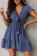 Deep V Neck Self-Tie Knotted Front Layered Flare Blue Mini Dress