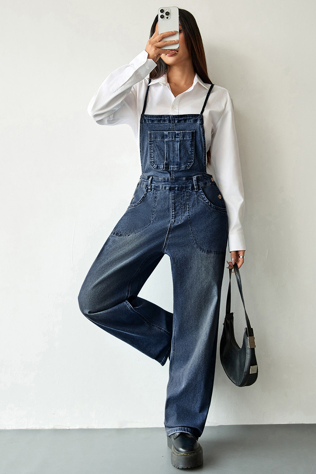Dark Blue Loose Denim Overalls Crossed Tie Straps Bib Pocket