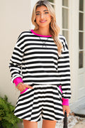Black Stripe Pink Trim Long Sleeve Top and Shorts Set