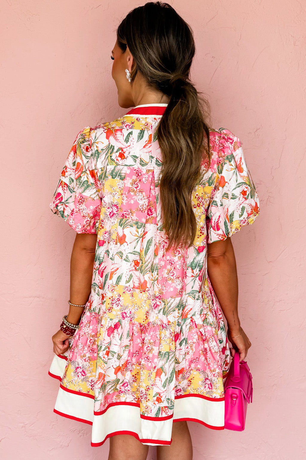 Pink Floral V Neck Ruffle Hem Mini Dress