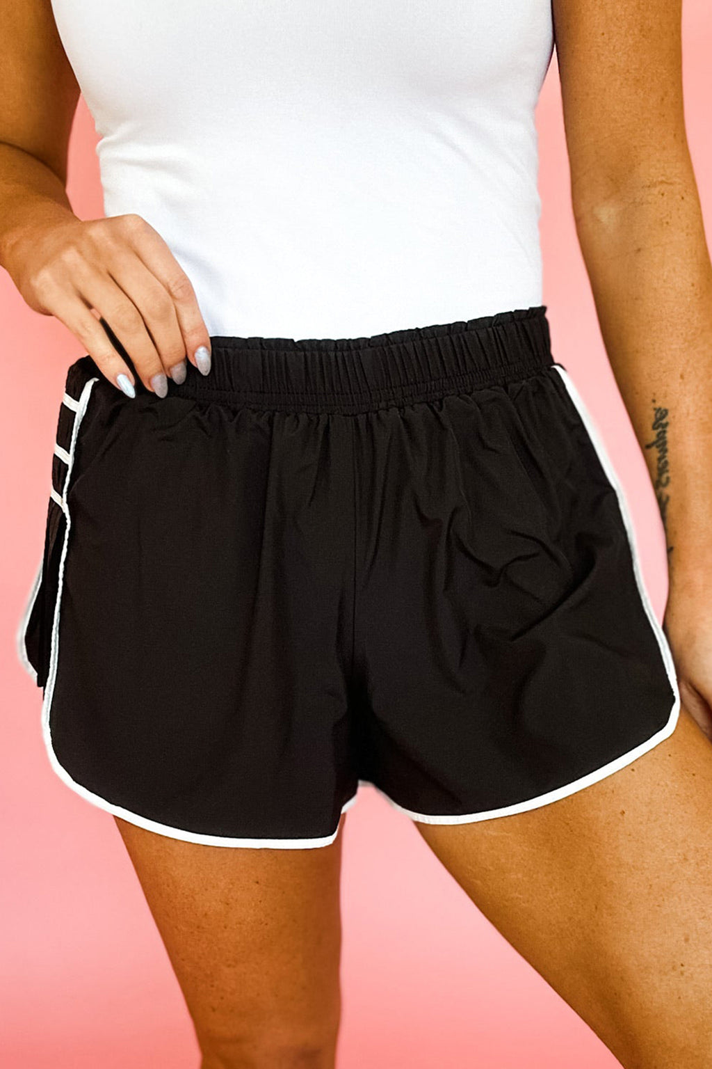 Black Pleated White Trim Active Shorts