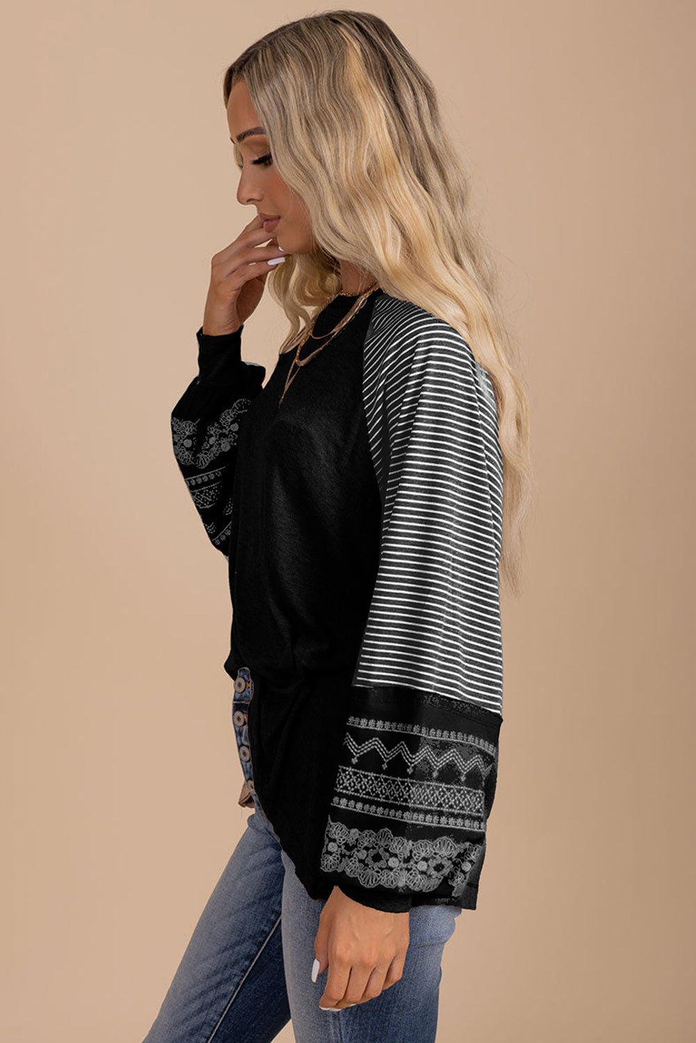 Black Striped Raglan Long Sleeve Top