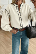 Beige Button Down Long Puff Sleeve Blouse Black Trim