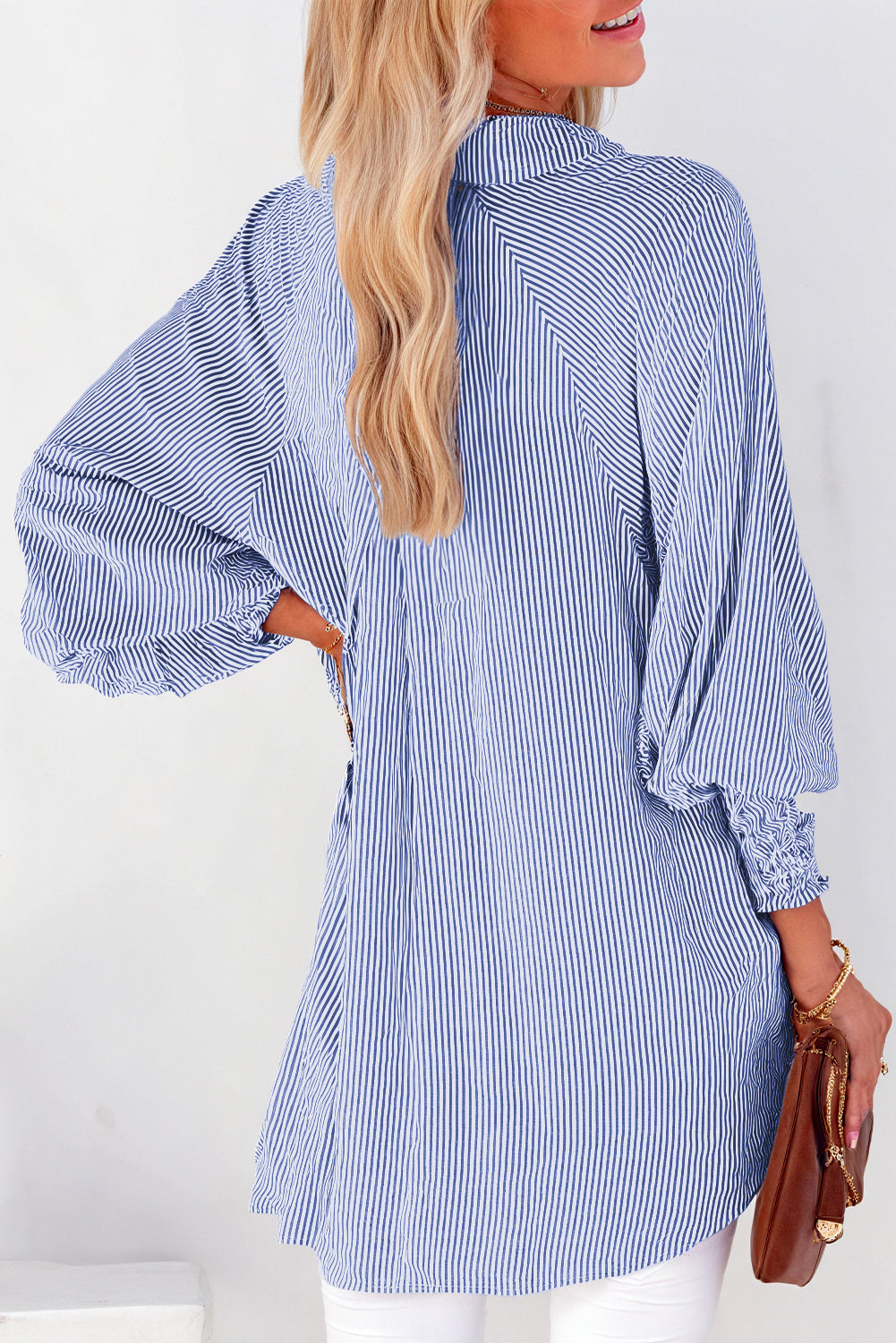 Blue Striped Shirred Cuffs Shirt