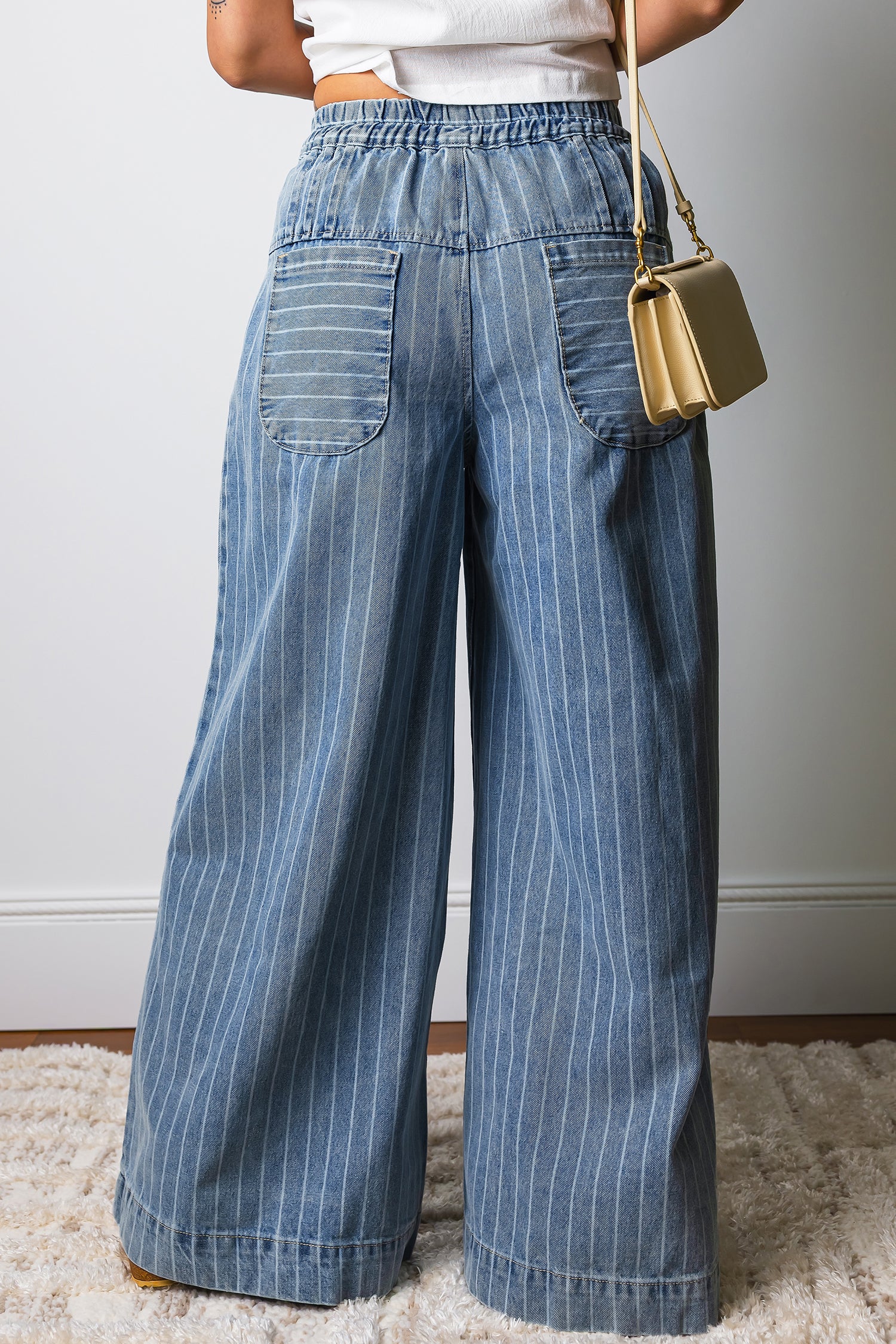 Sky Blue Stripe Pleated Casual Wide Leg Jeans