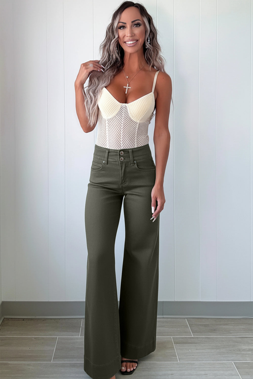 Mist Green 2-Button High Waist Wide Leg Jeans