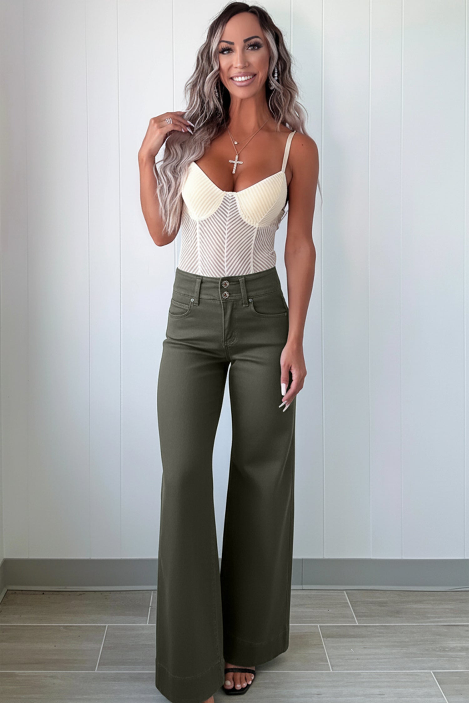 Mist Green 2-Button High Waist Wide Leg Jeans