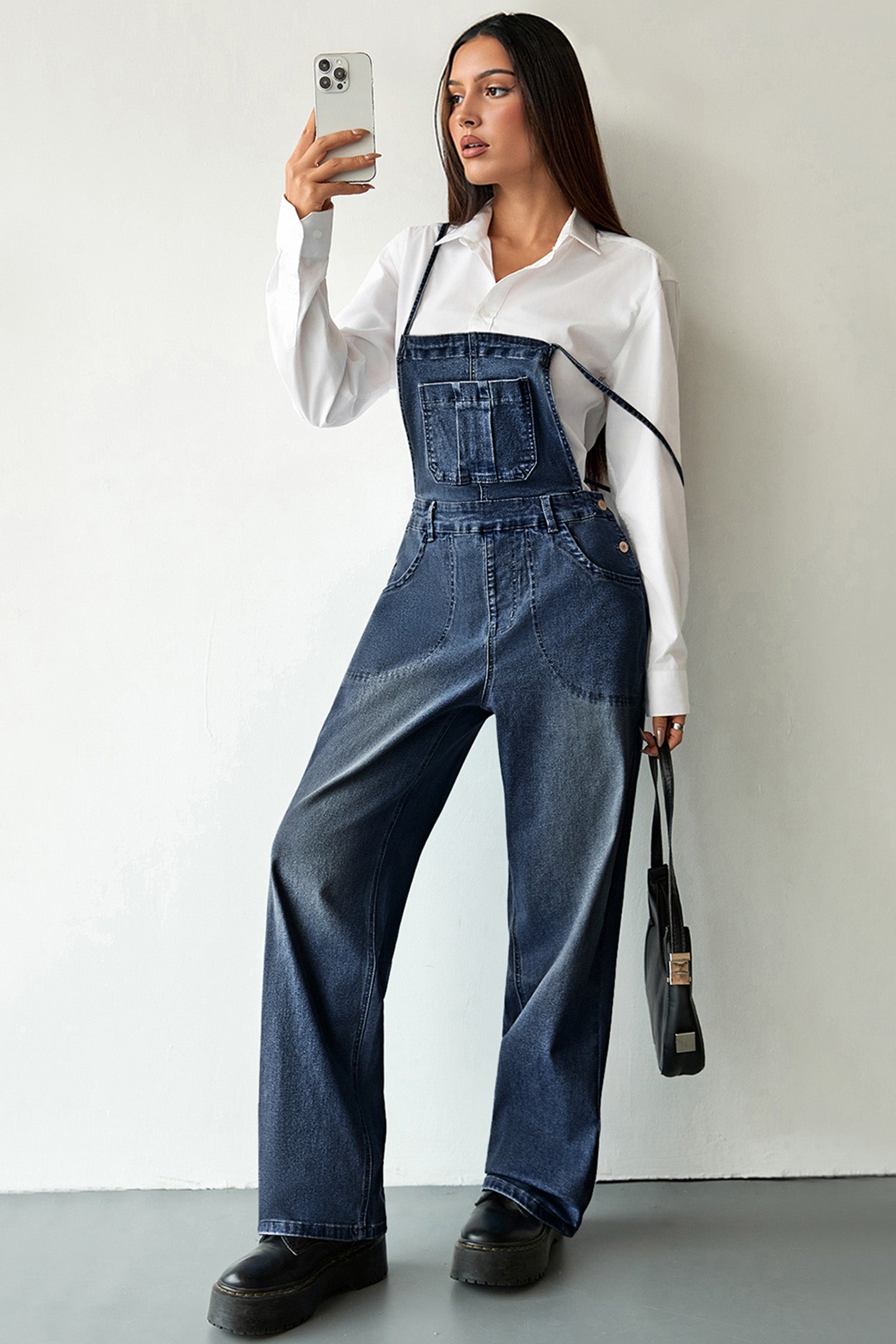 Dark Blue Loose Denim Overalls Crossed Tie Straps Bib Pocket