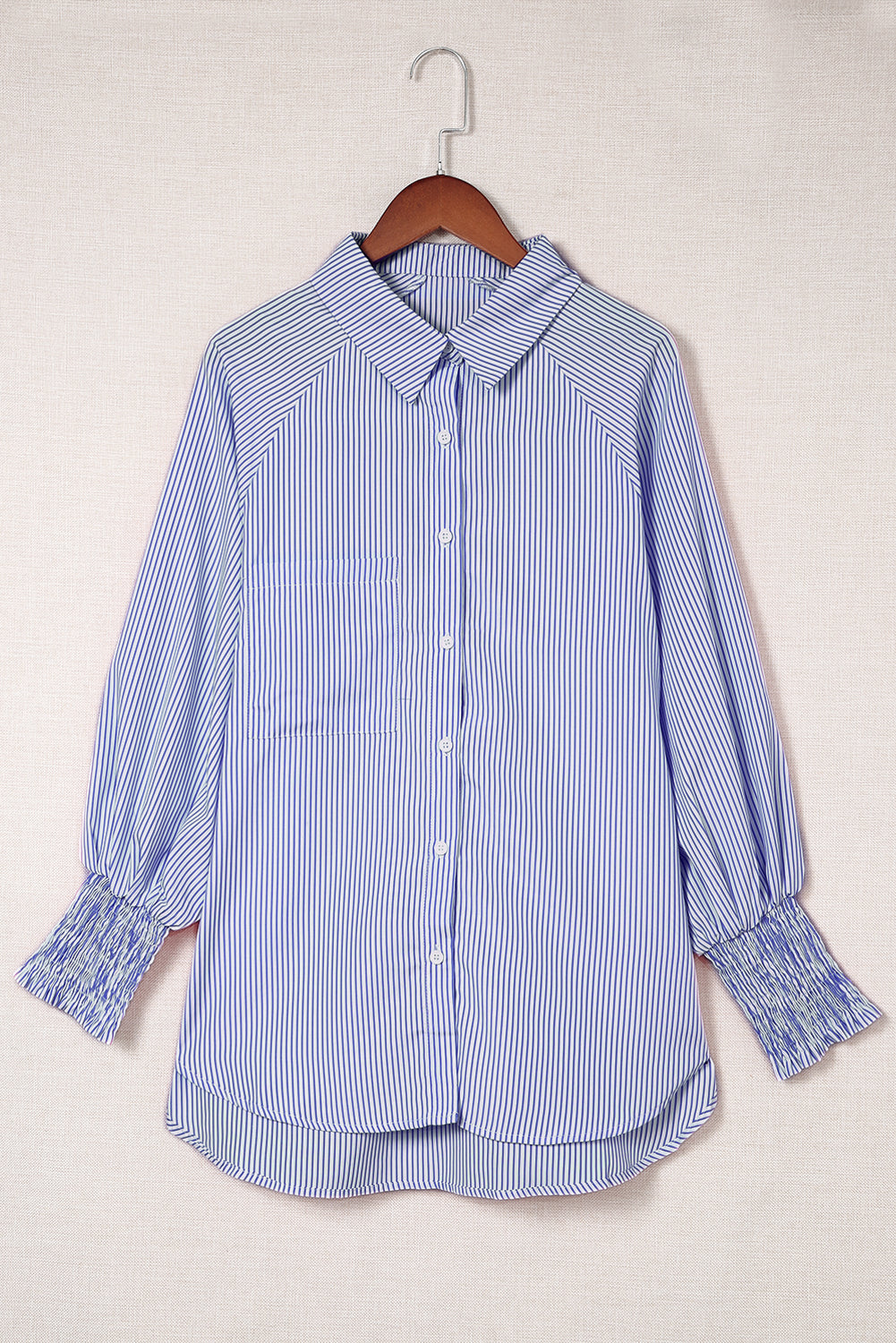 Blue Striped Shirred Cuffs Shirt