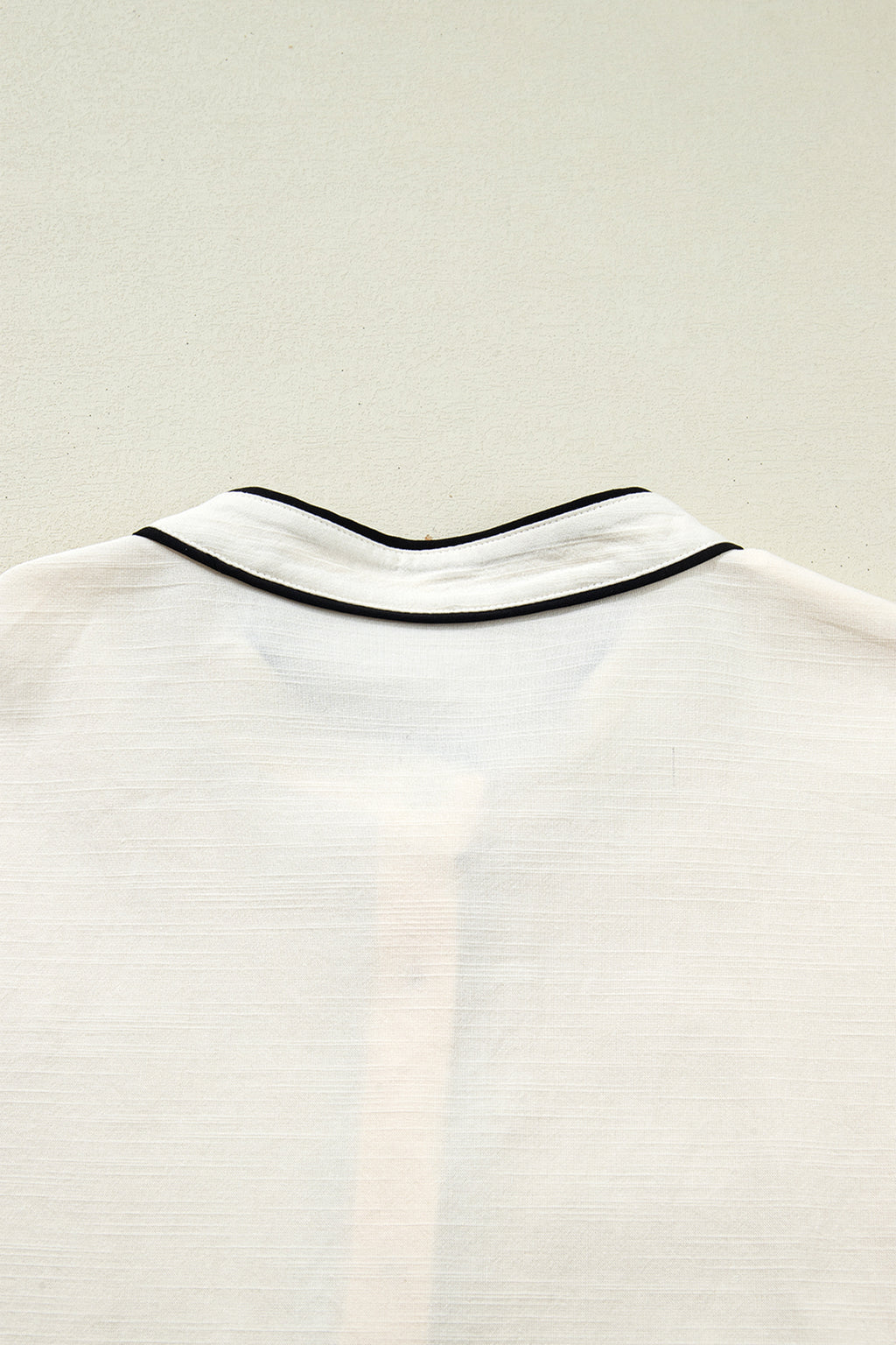 Beige Button Down Long Puff Sleeve Blouse Black Trim