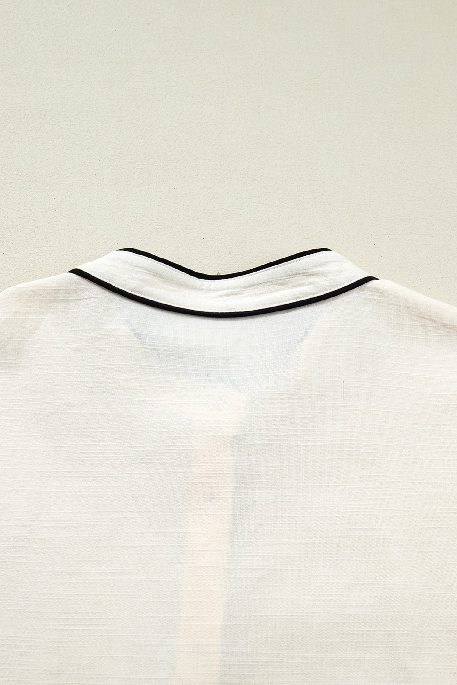 Beige Button Down Long Puff Sleeve Blouse Black Trim