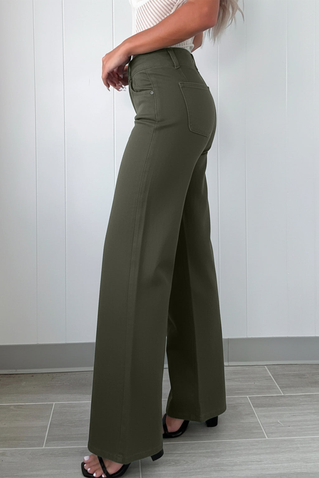 Mist Green 2-Button High Waist Wide Leg Jeans