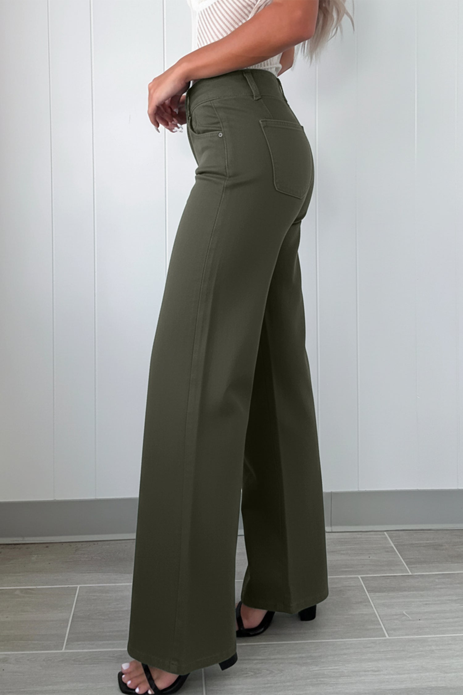 Mist Green 2-Button High Waist Wide Leg Jeans