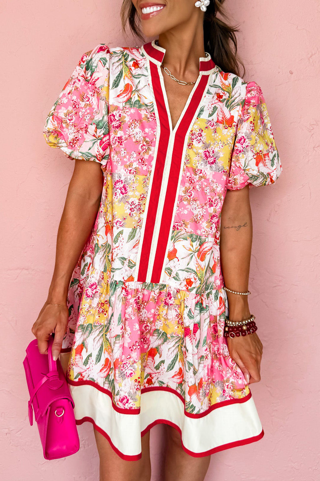 Pink Floral V Neck Ruffle Hem Mini Dress